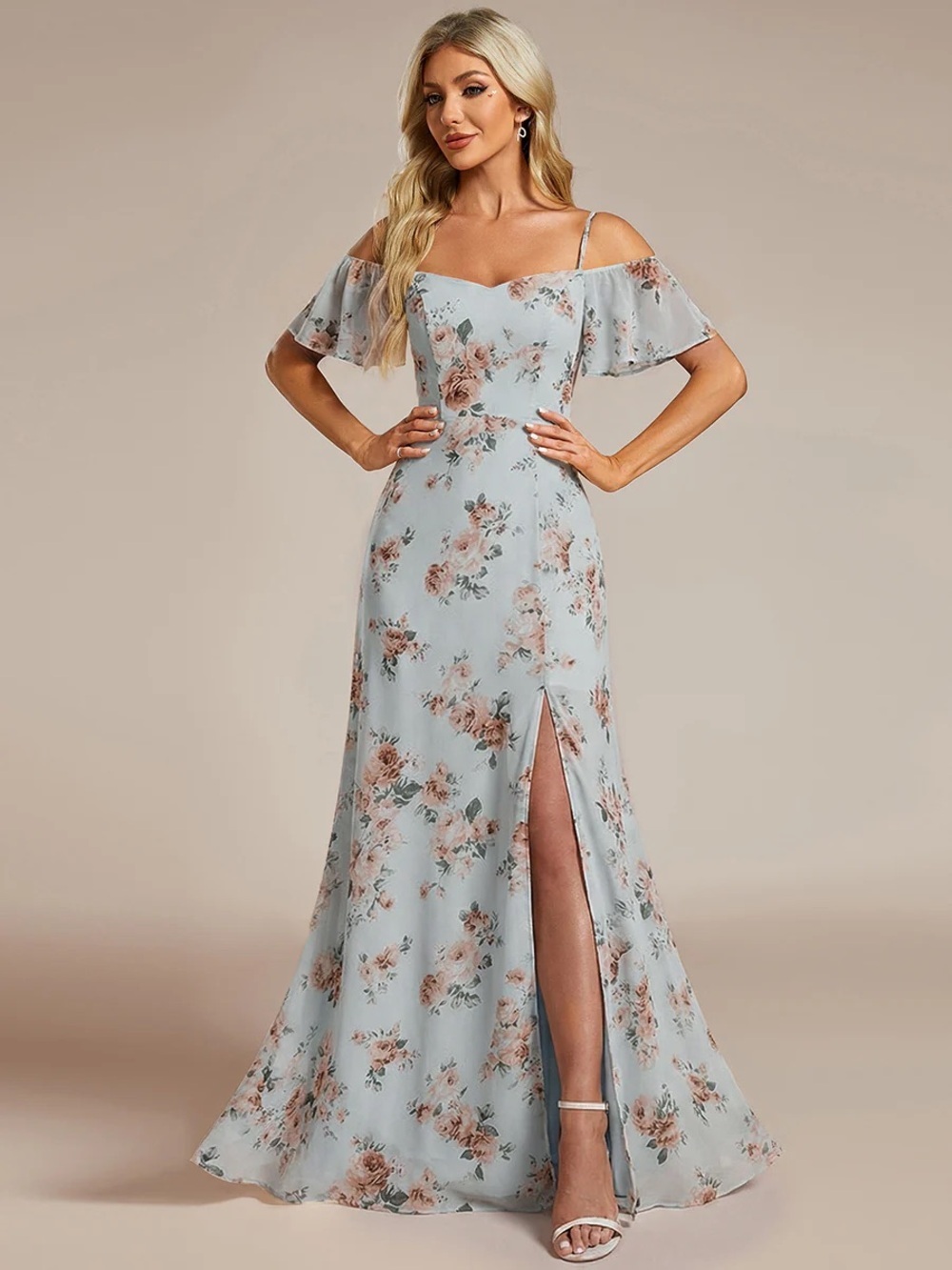 🆕 Stylish Cold Shoulder Flare Sleeves Flowy Bridesmaid Dress